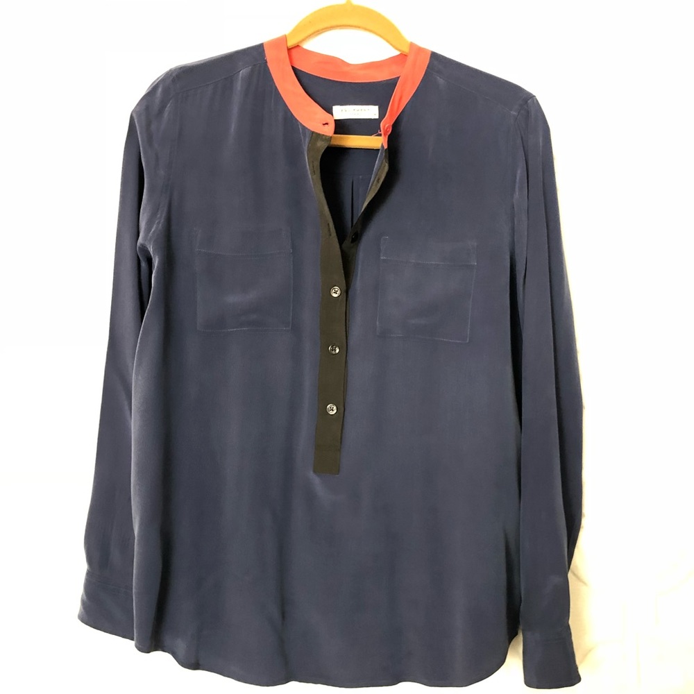 Equipment collarless silk blouse w/ neon neckline